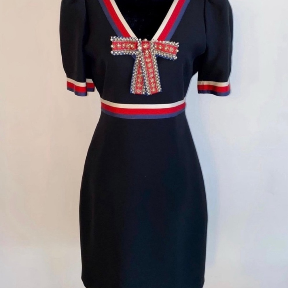 Gucci Blue Sheath Mini Dress V-Neck Puff Sleeve